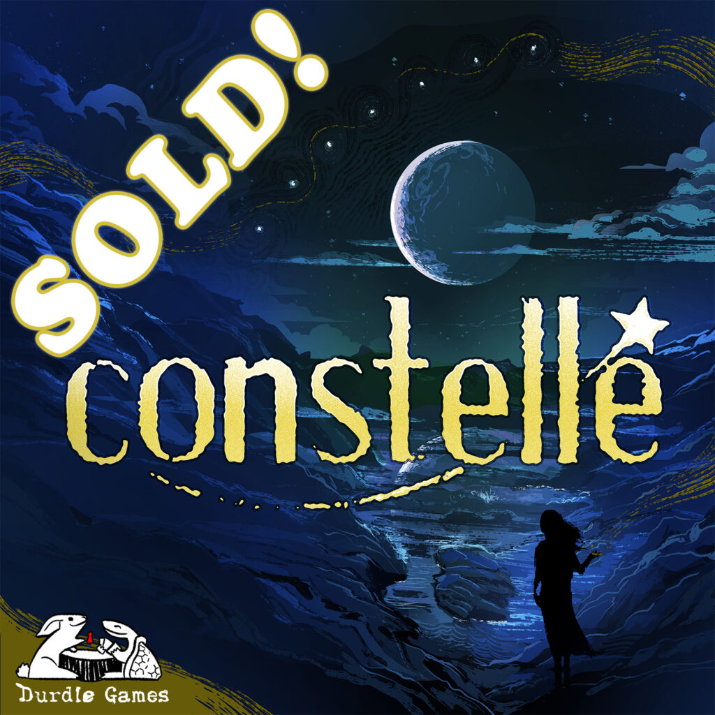 Concept box art for Constellé. It is marked with a big "Sold" stamp. 